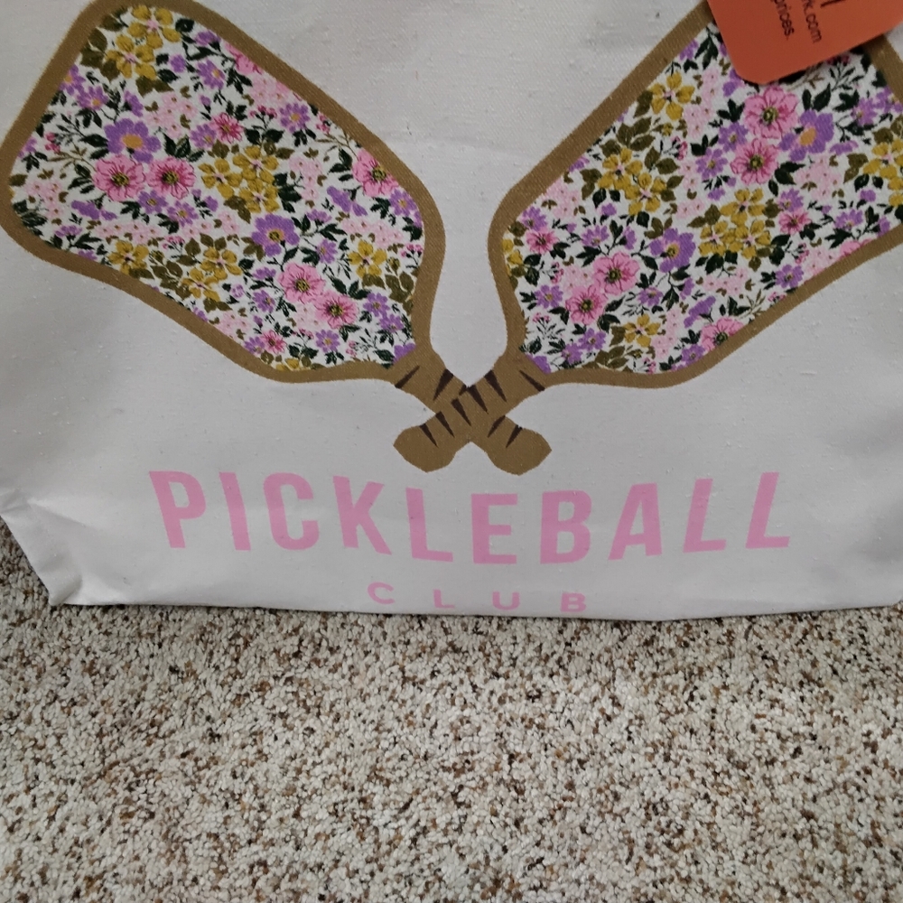 3899 Large Pickleball Club Floral Paddle Tote Bag - Pink & White - Picture 2 of 6